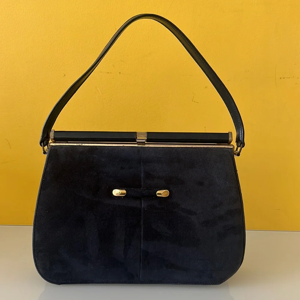 Vintage Naturalizer Blue Suede Leather Top Handle Frame Purse Bag Pocketbook